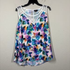 City Chic Size Medium 18 Lace Trim Tank Blouse Multi Floral Keyhole Crew Neck